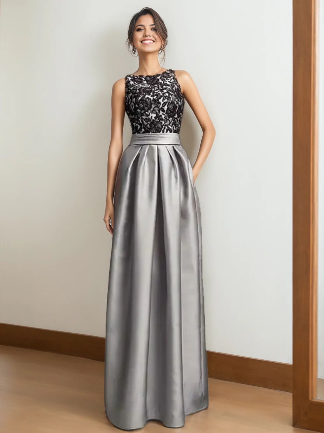 Vestidos de madre de la novia de encaje plisado sin mangas con escote princesa y apliques en forma de A